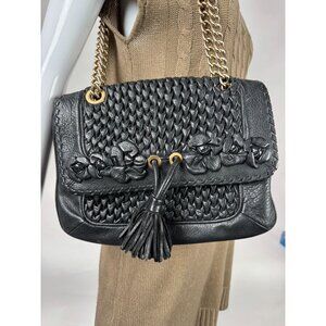 Isabella Fiore Black Leather Woven Floral Tassel Shoulder Bag With Gold Chain St